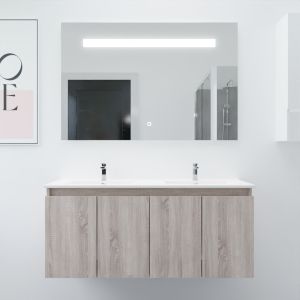 Meuble salle de bain suspendu 120 cm avec porte pivotante avec plan vasque en céramique PROLINE et miroir Elégance ht80 - Cambri