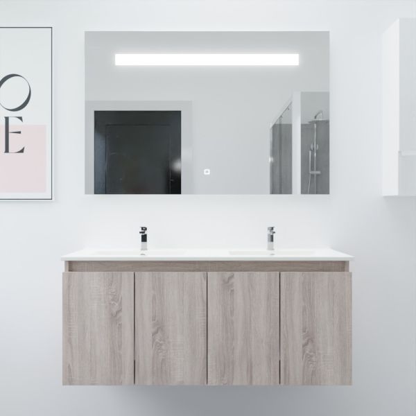 Meuble salle de bain suspendu 120 cm avec porte pivotante avec plan vasque en céramique PROLINE et miroir Elégance ht80 - Cambri