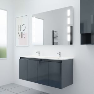 Meuble salle de bain suspendu 120 cm avec porte pivotante double vasque en résine PROLINE et miroir Prestige - Gris brillant