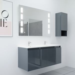 Meuble salle de bain suspendu 120 cm avec porte pivotante double vasque en céramique PROLINE et miroir Prestige - Gris brillant