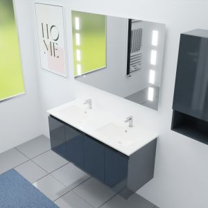 Meuble salle de bain suspendu 120 cm avec porte pivotante double vasque en céramique PROLINE et miroir Prestige - Gris brillant
