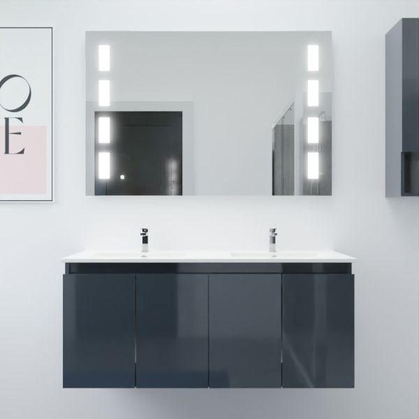 Meuble salle de bain suspendu 120 cm avec porte pivotante double vasque en céramique PROLINE et miroir Prestige - Gris brillant