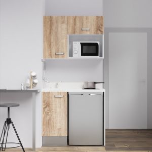 Kitchenette K00 - 100 cm - meubles chêne, plan monobloc blanc avec évier à gauche