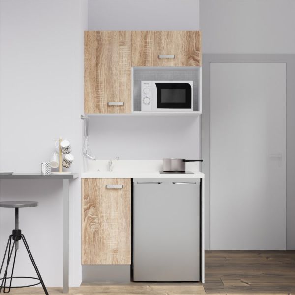 Kitchenette K00 - 100 cm - meubles chêne, plan monobloc blanc avec évier à gauche