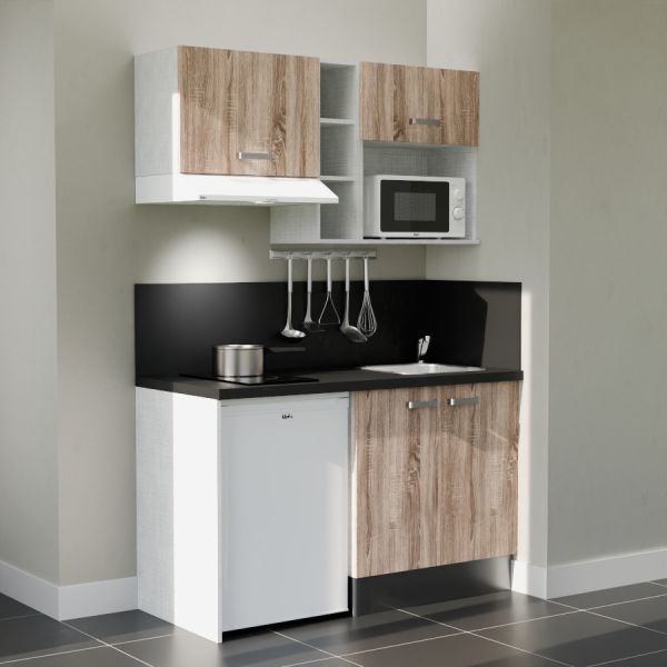 Kitchenette 140 cm modèle K13L-PT - façades bois, plan de travail et crédences noir, évier inox