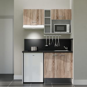 Kitchenette 140 cm modèle K13L-PT - façades bois, plan de travail et crédences noir, évier inox
