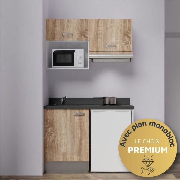 Kitchenette K02L - 120 cm avec plan monobloc, emplacement frigo, hotte et micro-ondes