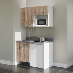 Kitchenette 120 cm K07L équipée avec électroménager blanc inclus - façades bois, plan travail gris évier à gauche