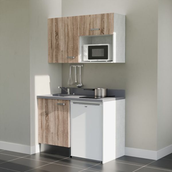 Kitchenette 120 cm K07L équipée avec électroménager blanc inclus - façades bois, plan travail gris évier à gauche