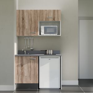 Kitchenette 120 cm K07L équipée avec électroménager blanc inclus - façades bois, plan travail gris évier à gauche