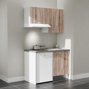 Kitchenette K01L-PT - 120 cm - plan stratifié, évier inox, électroménager inclus Kitchenette 120 cm K01L : façades bois, plan de travail gris, électroménager blanc inclus