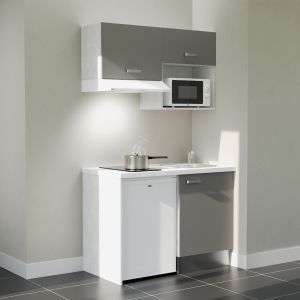 Kitchenette K02L-PT - 120 cm - plan stratifié, évier inox, électroménager inclus Kitchenette 120 cm K02L grise, plan stratifié blanc, frigo top, micro-ondes et hotte blanc
