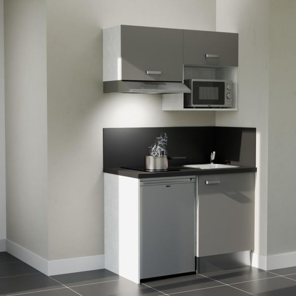 Kitchenette 120 cm K02L grise, plan travail et crédences stratifiés noir, frigo top, micro-ondes et hotte inox