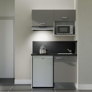 Kitchenette 120 cm K02L grise, plan travail et crédences stratifiés noir, frigo top, micro-ondes et hotte inox
