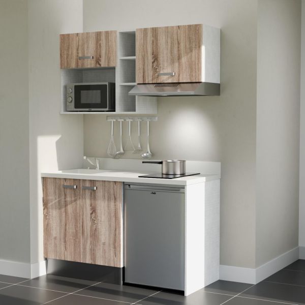 Kitchenette 140 cm K13L équipée avec électroménager inox inclus - façades bois, plan travail blanc évier à gauche