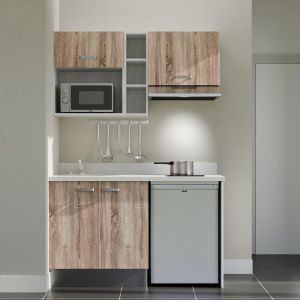 Kitchenette 140 cm K13L équipée avec électroménager inox inclus - façades bois, plan travail blanc évier à gauche