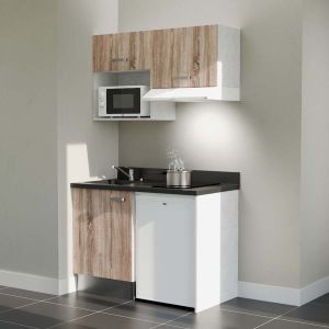 Kitchenette 120 cm K02L équipée avec électroménager blanc inclus - façades bois, plan travail noir évier à gauche