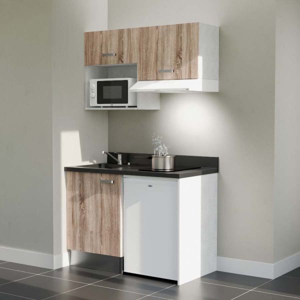 Kitchenette 120 cm K02L équipée avec électroménager blanc inclus - façades bois, plan travail noir évier à gauche