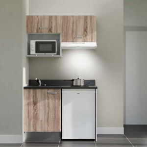 Kitchenette 120 cm K02L équipée avec électroménager blanc inclus - façades bois, plan travail noir évier à gauche