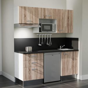 Kitchenette K20L-PT - 180 cm - plan stratifié, évier inox, électroménager inclus Kitchenette 180 cm bois K20L-PT, crédence et plan de travail stratifié noir, frigo, hotte et micro-ondes inox