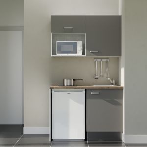 Kitchenette K07L-PT - 120 cm - plan stratifié, évier inox, électroménager inclus Kitchenette 120 cm grise K07L-PT, plan de travail stratifié bois, frigo et micro-ondes blanc