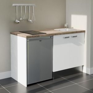 Kitchenette K17L-PT - 140 cm - plan stratifié, évier inox, électroménager inclus Kitchenette 140 cm blanche K17L-PT, plan de travail stratifié bois, plaque de cuisson et frigo inox