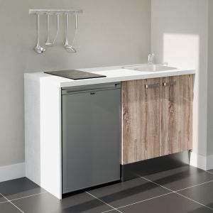 Kitchenette 140 cm bois K17L-PT, plan de travail stratifié blanc, plaque de cuisson et frigo inox