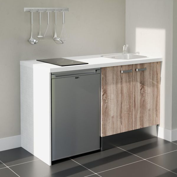 Kitchenette 140 cm bois K17L-PT, plan de travail stratifié blanc, plaque de cuisson et frigo inox
