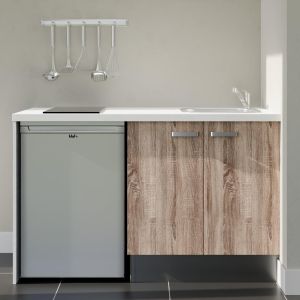 Kitchenette 140 cm bois K17L-PT, plan de travail stratifié blanc, plaque de cuisson et frigo inox