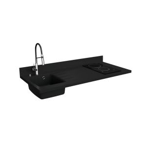 Plan de travail monobloc PlaniQuartz avec évier - 140 cm Plan de travail monobloc PlaniQuartz pour cuisine avec évier à gauche noir et plaque de cuisson vitrocéramique - 140 cm