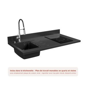 Kitchenette K02L - 120 cm - équipée avec électroménager et plan de travail planiquartz noir avec évier à gauche