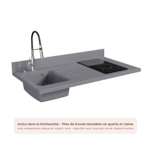 Kitchenette K07L - 120 cm - équipée avec électroménager et plan de travail planiquartz gris avec évier à gauche