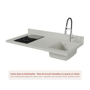 Kitchenette K08L - 120 cm - équipée avec électroménager et plan de travail planiquartz blanc avec évier à droite