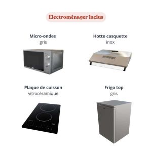 Kitchenette K13L - 140 cm - équipée avec électroménager inox : micro-ondes, hotte casquette, plaque de cuisson vitrocéramique et