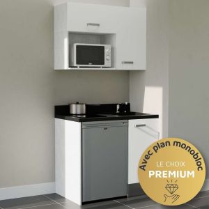 Kitchenette K00L - 100 cm - plan monobloc évier intégré, électroménager inclus Kitchenette 100 cm K00L équipée avec électroménager inox inclus - façades blanches, plan travail noir évier à droite