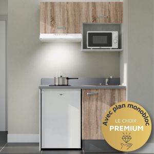 Kitchenette K02L - 120 cm - plan monobloc évier intégré, électroménager inclus Kitchenette 120 cm K02L équipée avec électroménager blanc inclus - façades bois, plan travail gris évier à droite