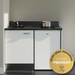 Kitchenette K08L - 120 cm - plan monobloc évier intégré, électroménager inclus Kitchenette 120 cm K08L équipée avec électroménager blanc inclus - façade blanche, plan travail noir évier à gauche