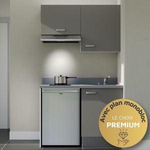Kitchenette K01L - 120 cm - plan monobloc évier intégré, électroménager inclus Kitchenette K01L - 120 cm - Cuisine équipée gris, planiquartz cromo évier à droite avec électroménager gris inclus