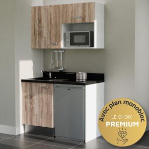 Kitchenette K07L - 120 cm - plan monobloc évier intégré, électroménager inclus Kitchenette 120 cm K07L équipée avec électroménager inox inclus - façades bois, plan travail noir évier à gauche