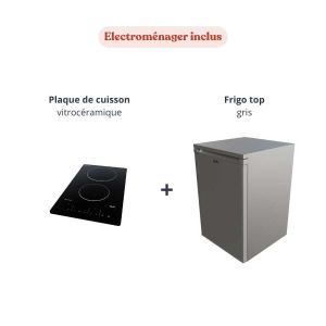 Kitchenette K17L-PT - 140 cm - avec plan de travail et électroménager inox : plaque de cuisson vitrocéramique et frigo top