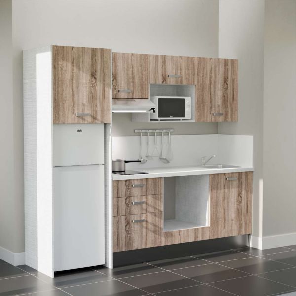 Kitchenette 240 cm K37L équipée avec électroménager blanc inclus - façades bois, plan travail blanc avec évier et crédence