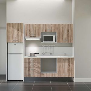 Kitchenette 240 cm K37L équipée avec électroménager blanc inclus - façades bois, plan travail blanc avec évier et crédence