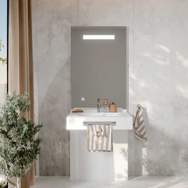 Meuble LEA 70 cm avec plan vasque en résine, miroir LED élégance - blanc brillant