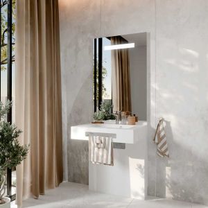 Meuble LEA 70 cm avec plan vasque en résine, miroir LED élégance - blanc brillant