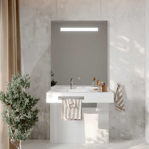 Meuble LEA 90 cm avec plan vasque déportée à gauche et miroir LED Elégance ht105