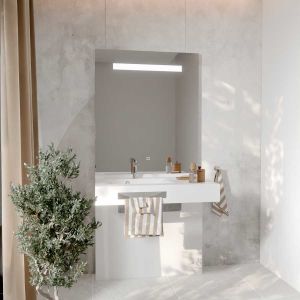 Meuble LEA 90 cm avec plan vasque déportée à gauche et miroir LED Eleg Plus ht105