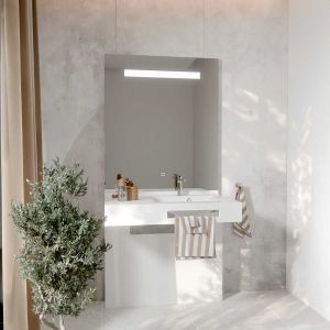 Meuble LEA 90 cm avec plan vasque déportée à droite et miroir LED Elégance ht105