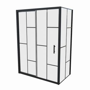 Paroi de douche d'angle sérigraphie motif verrière cadre noir ATELIA - Porte coulissante 140 cm + retour fixe 80 cm