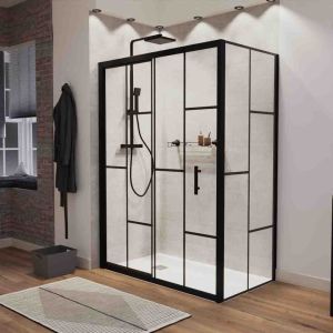 Paroi de douche d'angle sérigraphie motif verrière cadre noir ATELIA - Porte coulissante 140 cm + retour fixe 80 cm