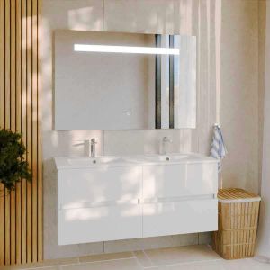 Meuble salle de bain double vasque suspendu 120 cm avec plan vasque en céramique ROSALY et miroir led Elegance h80 cm - Blanc br